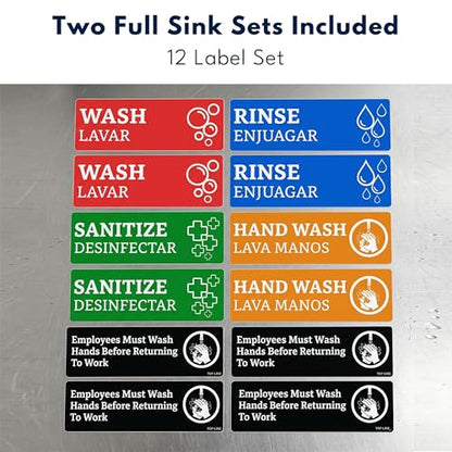 Wash Rinse Sanitize Sink Labels (12 Labels) - 3 Compartment Sink Labels | 2 Sets, 7.3 x 2.5 in - Wash Rinse Sanitize Stickers - Hand Washing Signs - Restaurants, Food Trucks & Commercial Kitchens - size: 7.3 x 2.5 inches