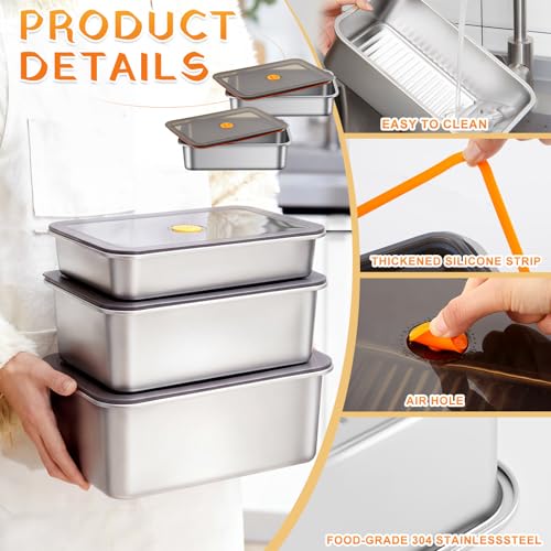 Reallnaive 3 Pcs Stainless Steel Marinade Containers with Lid, 3.3, 5.6, 8 Qt Metal Meat Brining Containers, Brining Prepstorage Box Dishwasher Safe Bpa Free for BBQ Tailgates Storage - size: 3.3，5.6 , 8 Qt