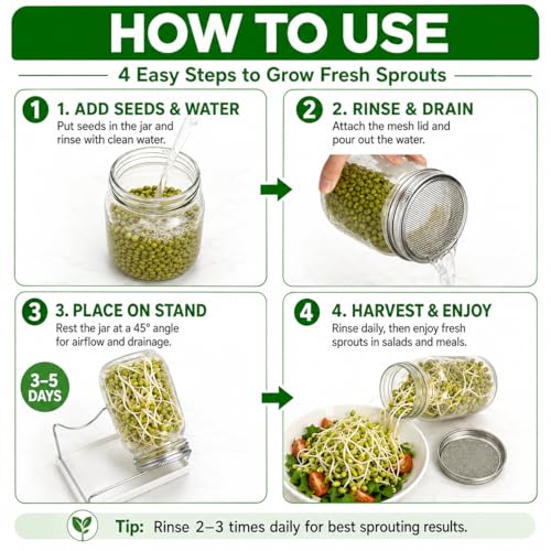 4 Pack Seed Jar Sprouter Kit - Wide Mouth 32oz Mason Jars with Stainless Steel Screen Lids - Blackout Sleeves for Mung Bean & Alfalfa - Complete Sprouting Jar Set with Stand & Drip Tray