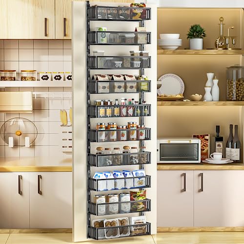 10-tier Over The Door Pantry Organizer with Mesh Baskets, Adjustable & Stable Hanging Spice Rack for Kitchen, Bathroom, Bedroom, and Baby Essentials Storage (16" W 10-Tiers, Black) - color: 10tiers-Black-Metal