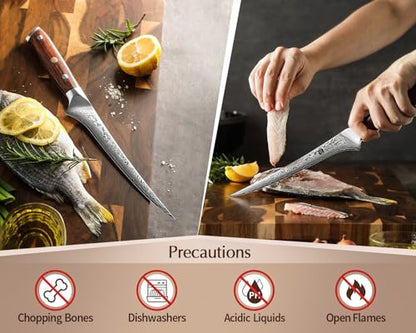 XINZUO 7 Inch Fillet Knife, Damascus Steel with 10Cr15MoV Core, Razor Sharp Boning Knife for Fish, Meat & Seafood, Rosewood Handle - size: 7"
