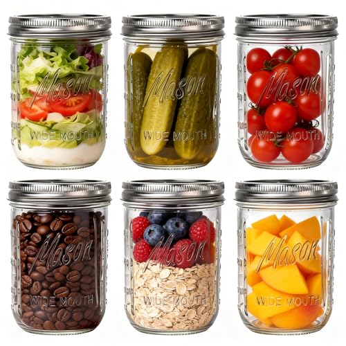 WELLIFE 6-Pack Mason Jars 16 oz with Lids – Wide Mouth Glass mason jars, Airtight Leak-Proof canning jars 16 oz for Food Storage, Fermenting, Pickling, Freezing, and Crafts - color: Clear Mason Jars 16oz-6Pcs
