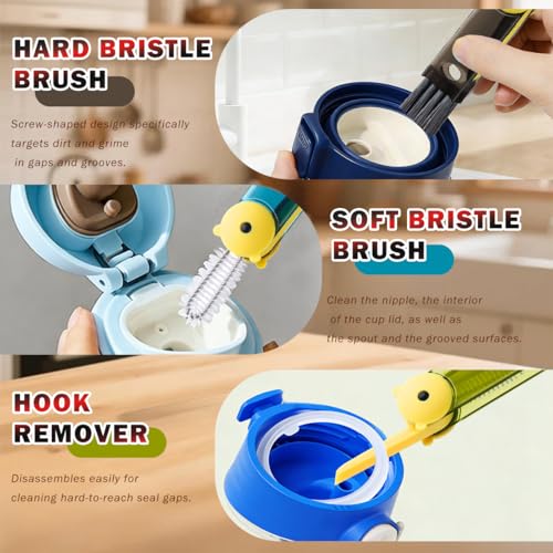 3 in 1 Cup Lid Cleaning Brush, Multifunctional Crevice Cleaning Brush for Water Bottle Insulated Cup Pacifier Tumbler Lid Groove Narrow Space Detail Cleaner Home Kitchen Gadgets(3 PCS) - color: Green, Blue, Black(bear)