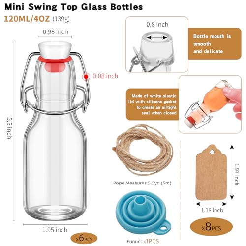 6Pcs Flip Top Glass 4 oz with Caps Beer Bottles Clear Swing Top Glass Bottles Vinegar Kombucha with Stoppers Airtight Lids for Wedding Themed Baby Shower (6, PC, Round, 4, ounces)