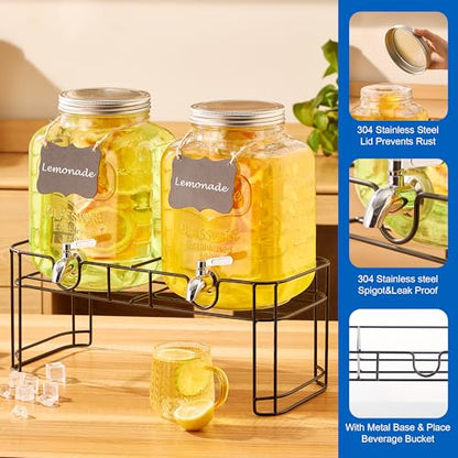 1.5 Gallon Glass Drink Dispensers for Parties, 2PACK Beverage Dispenser with Stand, Ice Cylinder and Stainless Steel Spigot 100% Leakproof, Beverage Dispenser for Lemonade Sun Tea