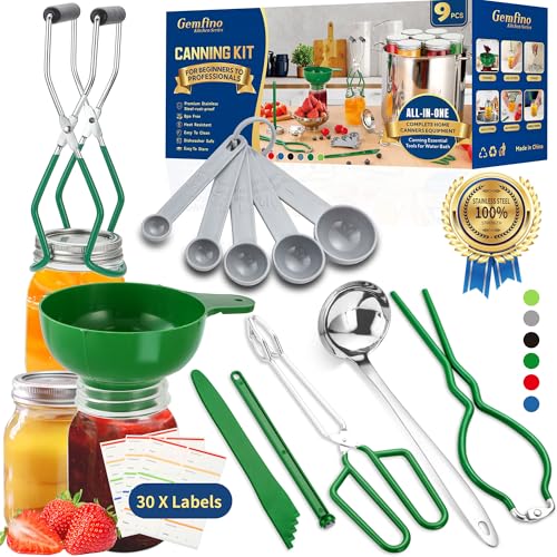 Canning Supplies Starter Kit,Canning Kit for Beginners of 9 with Jar Lifter，Wide Mouth Funnel,Wrench,Tongs,Lid Lifter,Bubble Popper,Canning Labels,ladle,Measuring spoon-Deep Green - color: X9-Green