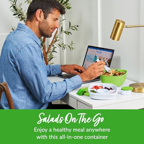 Bentgo Salad Container - 54 oz Bowl with 4-Compartment Toppings Tray, Leak-Proof Dressing Container, Reusable Fork, BPA-Free Lunch Box for Meal Prep & Food Storage; Removable Bento Tray (Green) - color: Green