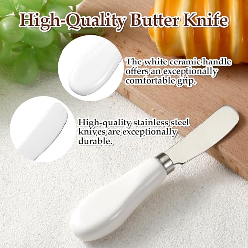Thinp 2 Pcs Cheese Spreader, Butter Spreader Knives Stainless Steel Cheese Spreaders Knives with Porcelain Handles Multipurpose Sandwich Spreaders for Spreading Jam, Pastry (White & Silver)