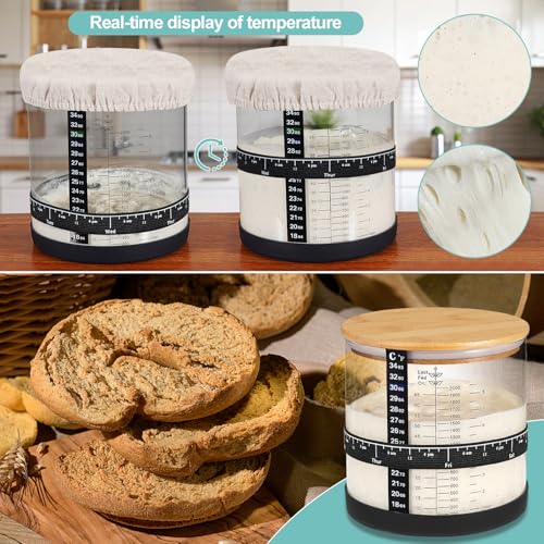 Large Sourdough Starter Jar 66 oz,Sourdough Starter Kit Wide Mouth with Ounce&ML Scale Line,Date Marked Feeding Band, Thermometer, Sourdough Jar Scraper, Cloth Cover & Bamboo Wood Lid (BLACK-66OZ/2L)