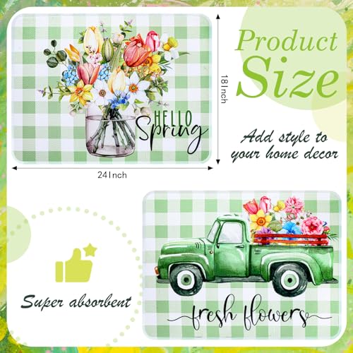 SiliFine 2 Pcs Dish Drying Mat for Kitchen, Spring Floral Absorbent Microfiber Dish Mat Counter 18 x 24 Inch Truck Flower Leaves Draining Green Drying Reusable Washable Pad - style: Spring