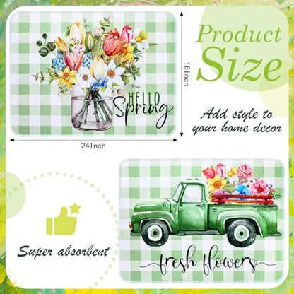 SiliFine 2 Pcs Dish Drying Mat for Kitchen, Spring Floral Absorbent Microfiber Dish Mat Counter 18 x 24 Inch Truck Flower Leaves Draining Green Drying Reusable Washable Pad - style: Spring