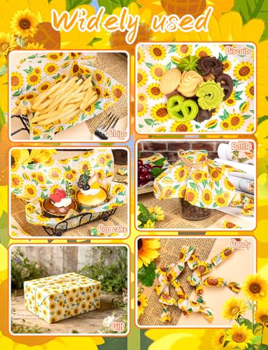 200 Pcs Sunflower Wax Paper Sheets for Food, Wax Paper for Food Sandwich Wrap Paper Deli Wraps, Waterproof Oil-proof Picnic Basket Liners with Sunflower Pattern for Kitchen Handmade Food, LARGE