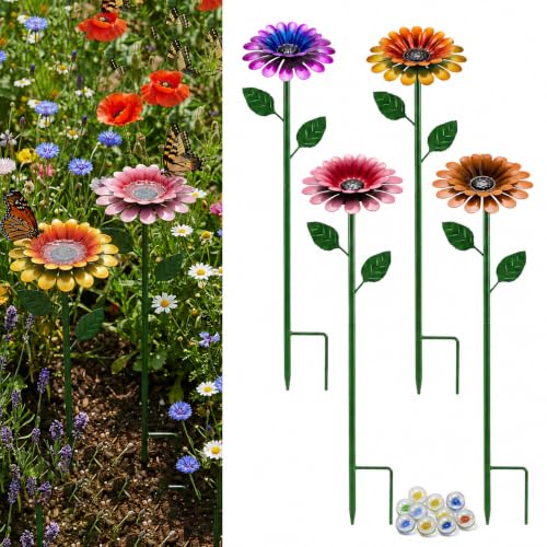 4 Pack Daisy Flower Bee Watering Station for Garden with 20 Glass Beads - Colorful Metal Flower Bee Bath, Decorative Design Attracts Bees & Butterflies, Easy Install Durable Outdoor Yard Decor