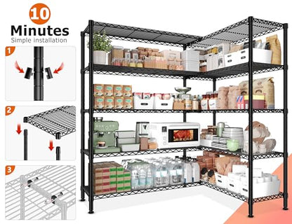 REIBII 1600LBS Heavy Duty Storage Shelves 5-Tier Extra-Wide Metal Shelving 69.8" W x 72.4" H Capacity Garage Shelving Unit Adjustable Wire Shelving for Kitchen Garage Pantry Basement - style: Black-15.8"Dx69.8"Wx72.4"H-5 Tier