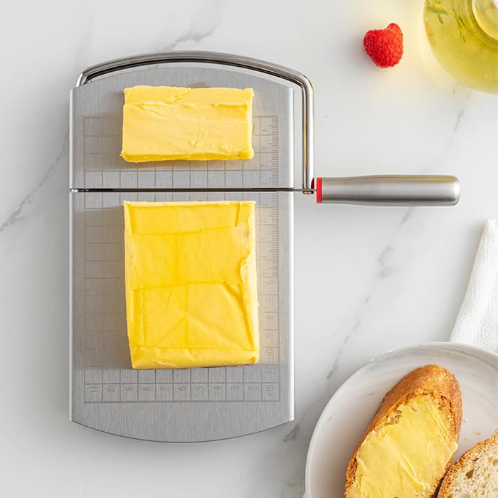 Stainless Steel Cheese Slicer with Block Cheese Blade, Cutting Board with Precise Measurements, Multi-purpose Slicing Tool for Blocks of Cheese, Butter, and Sausage., conventional, Silver
