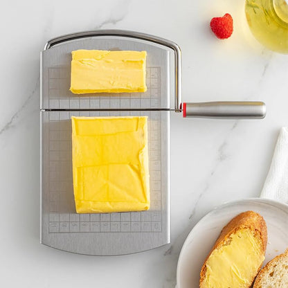 Stainless Steel Cheese Slicer with Block Cheese Blade, Cutting Board with Precise Measurements, Multi-purpose Slicing Tool for Blocks of Cheese, Butter, and Sausage., conventional, Silver