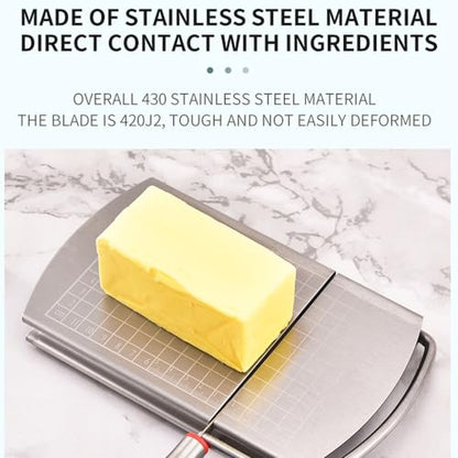 Stainless Steel Cheese Slicer with Block Cheese Blade, Cutting Board with Precise Measurements, Multi-purpose Slicing Tool for Blocks of Cheese, Butter, and Sausage., conventional, Silver