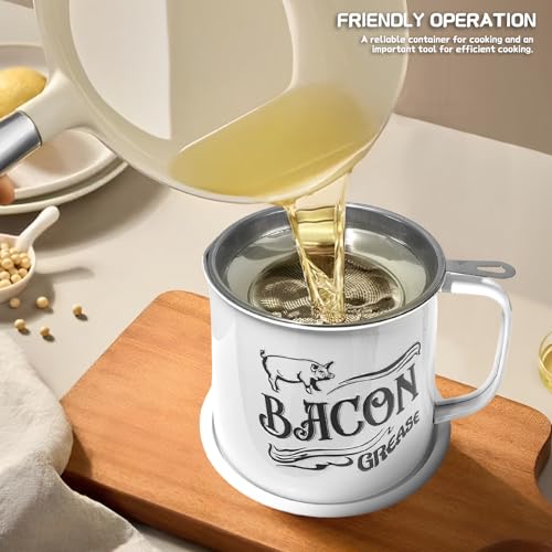 1.3L Bacon Grease Saver Container with Fine Mesh Strainer,Stainless Steel Oil Keeper Can for Bacon,46oz Large Rustic Farmhouse Fat Container, Keeper, Recipes, Dishwasher Safe (White) - color: White