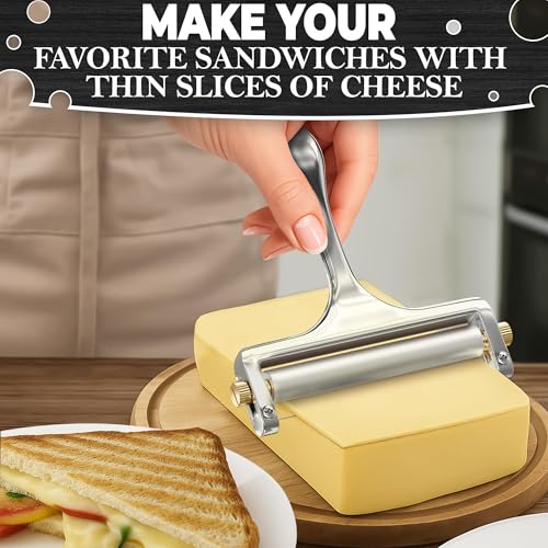 Cheese Slicer Wire - Sharp & Strong Stainless Steel Cheese Cutter Handheld with 2 Extra Wires, Slice Tickness Adjuster, Comfortable Handle & Dishwasher Safe, for Mozzarella, Cheddar & Gruyere Slicing