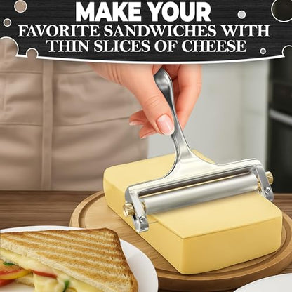 Cheese Slicer Wire - Sharp & Strong Stainless Steel Cheese Cutter Handheld with 2 Extra Wires, Slice Tickness Adjuster, Comfortable Handle & Dishwasher Safe, for Mozzarella, Cheddar & Gruyere Slicing