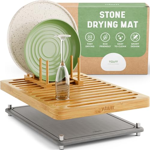 NIUM Stone Drying Mat for Kitchen Counter & Bamboo Rack - 16″x12″ - Diatomaceous Earth Dish drying mat Ultra Absorbent & Fast Drying - EcoFriendly with Non-Slip Pads & Anti-Moisture Design - color: Light Bamboo