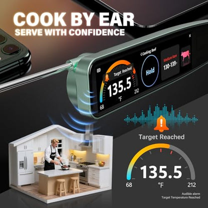 AWLKIM Instant Read Meat Thermometer Digital, 3.8" Touchscreen No App Needed Rechargeable Waterproof Kitchen Food Thermometer Probe for Cooking, Grill, BBQ, Candy, Oil Frying, 0.5F