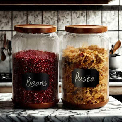 SAIOOL Striped Borosilicate Glass Airtight Canisters, 1 Gallon | 2-Pack, Big Mouth Large Capacity, Acacia Wood Lid, Food Storage Jars, For Flour, Pasta, Pantry Organization - size: 1 Gallon (Striped 2 pack)