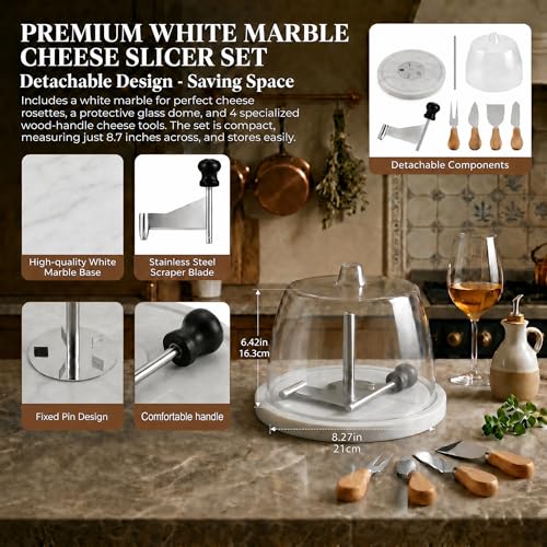 Marble Cheese Curler & Cheese Flower Cutter – Sharp Stainless Steel Blade with Dust Cover & Knife Set for Cheese Flowers, Wheels & Appetizers | Easy to Use & Clean | Gift for Entertaining - color: Marble Base - White
