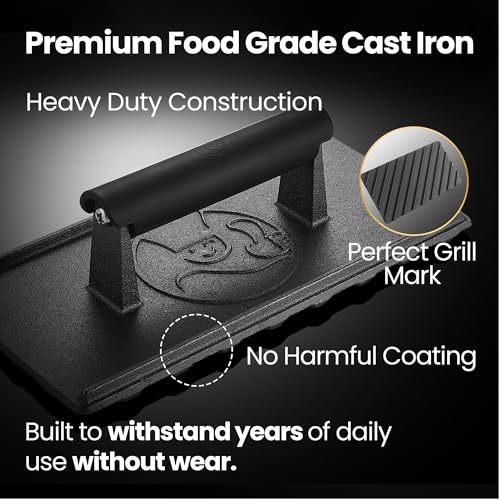 Gourmet Easy 3lbs Cast Iron BBQ Grill Press with Heat Resisitant Handle | Heat-Resistant Handle for a Secure Grip, Heavy Duty Ideal for Smash Burgers and Flat Top Grills, 5-Year Warranty - color: Grill Press Cast Iron