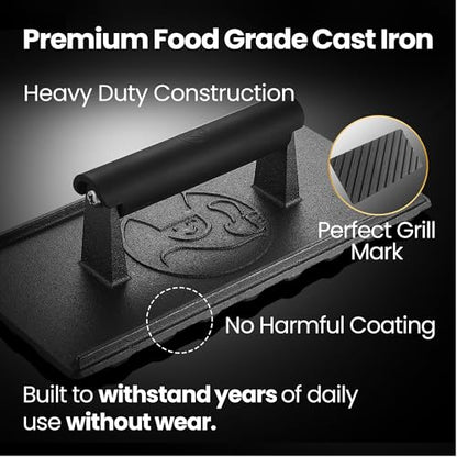 Gourmet Easy 3lbs Cast Iron BBQ Grill Press with Heat Resisitant Handle | Heat-Resistant Handle for a Secure Grip, Heavy Duty Ideal for Smash Burgers and Flat Top Grills, 5-Year Warranty - color: Grill Press Cast Iron