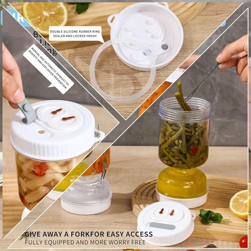 50oz Pickle Jar with Strainer Flip, Leakproof Airtight Food Storage Container Pickle Holder Juice Separator Jar for Capers Olives Jalapenos Includes 2 Forks Silicone Gasket Timer Lid