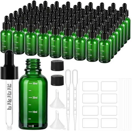 UPBUD 63 Pcs 1oz Green Glass Dropper Bottles with Measurement, 30ml Leakproof Tincture Bottles with Funnels, Eye Droppers, Extra Caps & Labels, Refillable Empty Bottles for Tinctures, Essential Oils - color: Green-1oz, size: 1oz