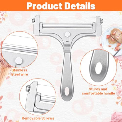 Adjustable Wire Cheese Slicer, Handheld Stainless Steel Cheese Cutter for Block Cheese with 8 Replacement Wires & Wrench, Rolling Cheeses Slicer for Block Butter Cutter