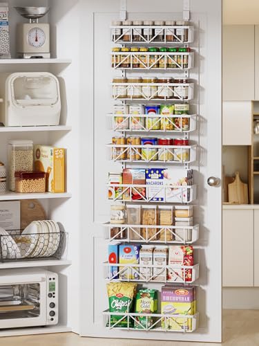 Delamu Adjustable Over the Door Pantry Organizer, 9-Tier Metal Pantry Organization and Storage for Kitchen, Hanging Spice Rack Seasoning Shelves, Cabinet Door Organizer for Easy Install, 16" White - color: White, size: 16"W 9-Tier