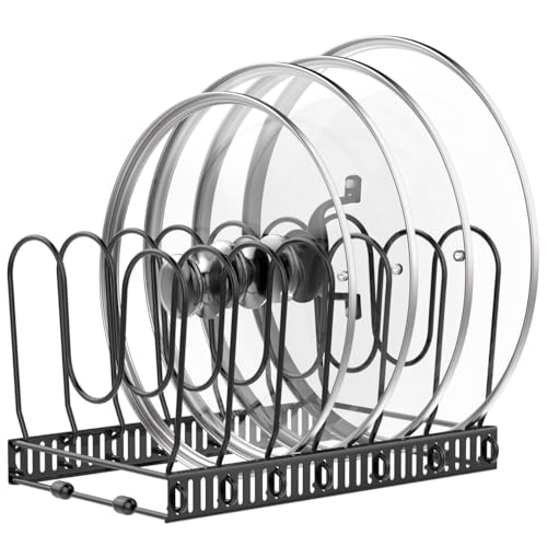 Housolution Pot and Pan Organizer Rack for Cabinet, Pot Lid Organizer with 7 Adjustable Dividers, Pan Holder Storage Rack for Kitchen Cabinet, Black - color: Black, size: 7 Dividers