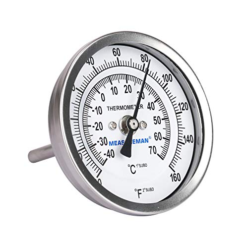 MEASUREMAN Fully Stainless Steel Pot, Kettle, Brewing Bimetal Dial Thermometer, 3" Dial, 2-1/2" Stem, -40-160 deg F/-40-70 deg C, -1% Accuracy, Adjustable, 1/2" NPT Back Mount - size: -40-160 deg F/-40-70 deg C, style: 2-1/2" Stem