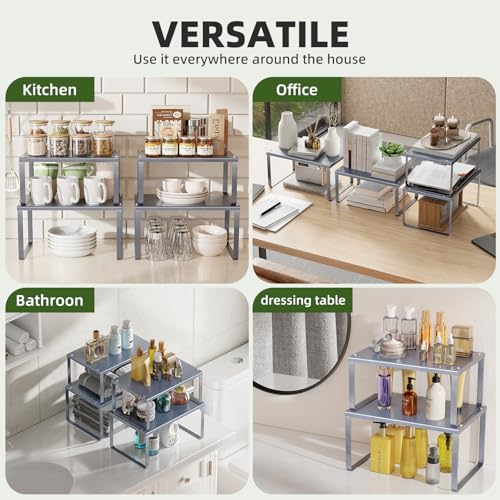 Simple Trending Cabinet Organizer Shelf, Set of 2 Kitchen Counter Shelves, Kitchen Storage, Stackable, Expandable, Metal Spice Rack for Cupboard, Bathroom, Desk, Pantry, Silver - color: Silver