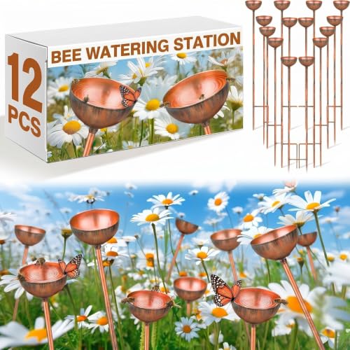 Teenyyou 6 Pcs Bee Watering Station for Garden Bee Metal Watering Cups Butterfly Water Feeder Small Insects Bath Bowl Cups Metal Stakes for Outdoor Garden Decor, Copper - color: Copper