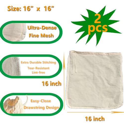 Nut Milk Bag - Cheese Cloths Reusable Cheesecloth Strainer for Almond | 2 Pack XXL 16"x16",Unbleached Natural Cotton,/Oat/Soy Milk, Juice, Cold Brew Coffee, Yogurt, Wine, Soup | Triple Stitched - size: 16" x 16"