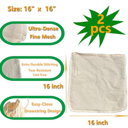 Nut Milk Bag - Cheese Cloths Reusable Cheesecloth Strainer for Almond | 2 Pack XXL 16"x16",Unbleached Natural Cotton,/Oat/Soy Milk, Juice, Cold Brew Coffee, Yogurt, Wine, Soup | Triple Stitched - size: 16" x 16"