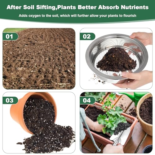 7 Pcs Soil Sifter Set Stainless Steel Riddle Sieve Set for Gardening with 5 Sizes 7.68" Diameter 1/3/6/9/12mm Interchangeable Meshes - Garden Potting Sieves with Shovel - Planting Soil Sifters Strains