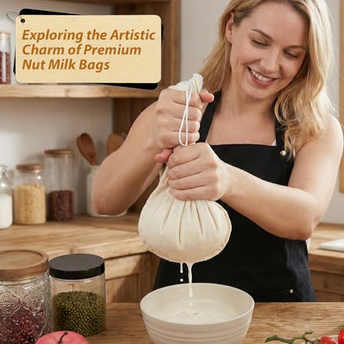 4Pcs Cheese Cloth Bag for Straining, Unbleached Cotton Nut Milk Bag Reusable 80 Mesh Muslin Strainer Bags for Straining Fruit Juice, Yogurt, Coffee(3 of 12 x 12Inch, 1 of 8 x 10Inch)