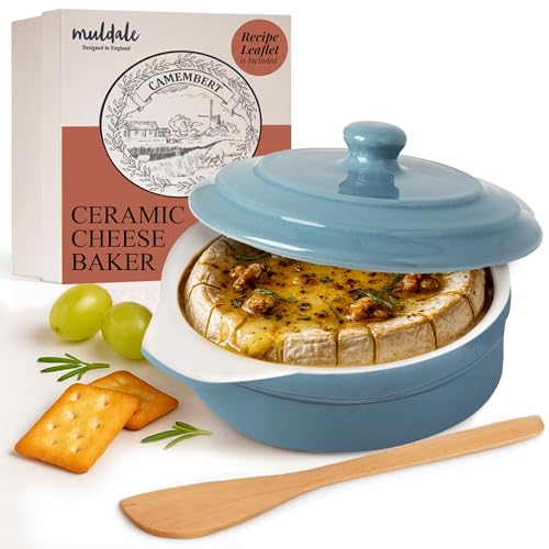 Muldale Ceramic Camembert Baker with Lid and Wooden Spreader - Brie Baking Dish Set for Entertaining - 5.5" Oven Safe Blue - color: Blue