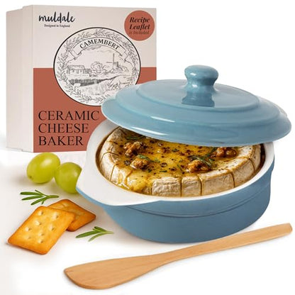 Muldale Ceramic Camembert Baker with Lid and Wooden Spreader - Brie Baking Dish Set for Entertaining - 5.5" Oven Safe Blue - color: Blue