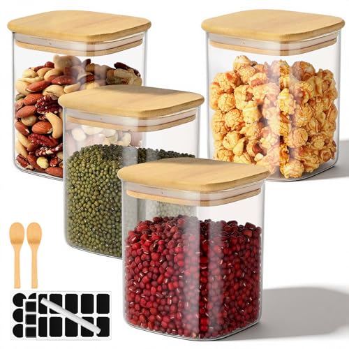 Glass Storage Jars, 4 Pack 29 Fl.oz Square Glass Jars with Bamboo Lids, Clear Kitchen Pantry Storage Containers for Sugar, Coffee, Flour, Tea, Candy - Set Comes with Labels, Marker and Spoon - color: 4 Pack, size: 29 fl.oz
