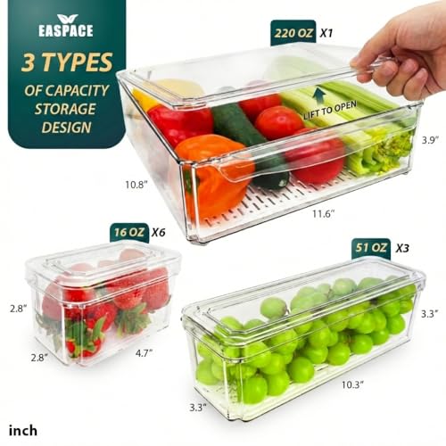 10-Pack Clear Fridge Organizer Bins with Lids & Drainage Holes, Stackable Container Set, BPA-Free Plastic Refrigerator Storage Containers for Food, Fruits, Vegetables, Meats (Multi-Purpose)