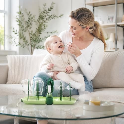Travel Baby Bottle Brush Kit with Case, 6-in-1 Portable Bottle Cleaning Set for Baby Bottles, Nipples, Straws and Breast Pump Parts, Includes Drying Rack and Soap Dispenser, Green