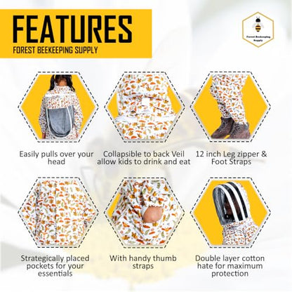 FOREST BEEKEEPING SUPPLY- Kids Full Body Bee Suit. Cotton twill soft to Children’s skin tuff to bee Stings with Veil - color: Pullover Jacket, size: Large