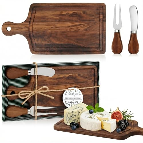 Ziliny 1 Set Bridal Baby Shower Cheese Prizes Wooden Square Board Gift Set Knives Forks Thank You Tags with Box for Guests for Valentines Bridal Baby Shower Housewarming (Walnut Wood) - color: Walnut Color