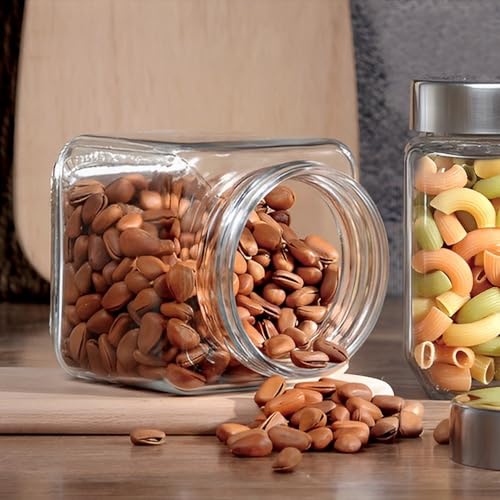 Nsmykhg 37 oz Square Glass Jars with Lids, 4 Pack Glass Canisters with Metal Lids, Clear Wide Mouth Mason Jar Food Storage Jar for Overnight Oats, Coffee, Candy, Kitchen & Bathroom Storage Containers